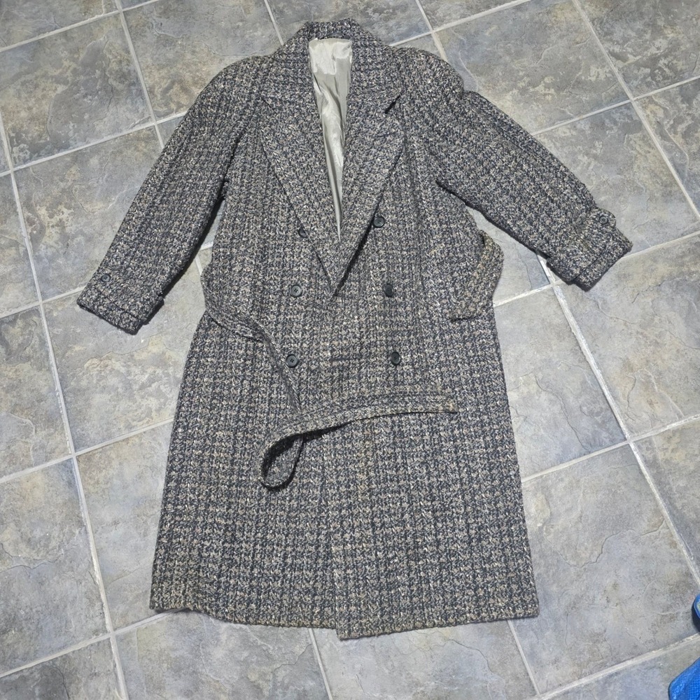 Tom Olesker Tweed Trench Coat Women 40 Gray Salt and Pepper Vintage Belted Long